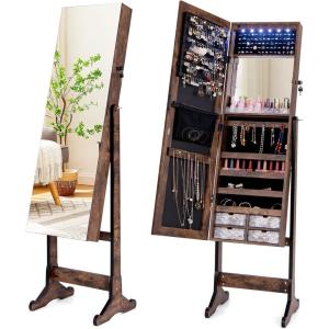 imageCHARMAID Jewelry Armoire Cabinet with Full Length Mirror 6 LEDs Standing Lockable Jewelry Organizer with Vanity Makeup Mirror 4 Storage Drawers 4 Shelves Lipstick Tray 4 Angles WhiteRustic Brown