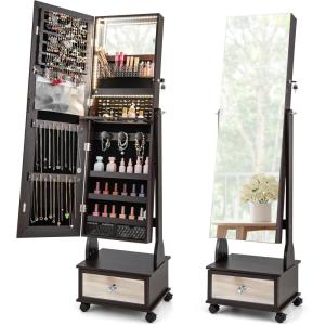 imageCHARMAID Jewelry Armoire with Full Length Mirror 3Color LED Lights Lockable Jewelry Cabinet with Wheels Storage Drawers Rolling Jewelry Organizer Floor Standing Gift Idea WhiteBrown