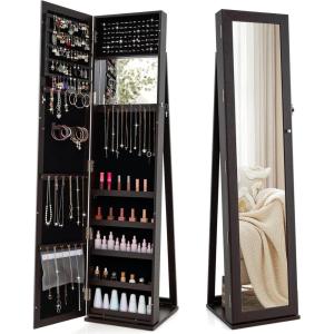 imageCHARMAID Jewelry Armoire with Full Length Mirror Lockable Standing Jewelry Cabinet Organizer with Large Storage Capacity Inside Makeup Mirror Stable Base Easy Assembly Rustic BrownEspresso