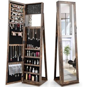 imageCHARMAID Jewelry Armoire with Full Length Mirror Lockable Standing Jewelry Cabinet Organizer with Large Storage Capacity Inside Makeup Mirror Stable Base Easy Assembly Rustic BrownRustic Brown