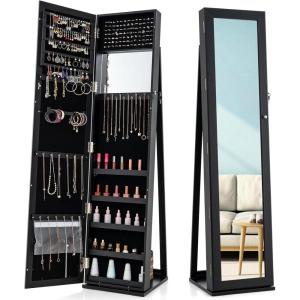 imageCHARMAID Jewelry Armoire with Full Length Mirror Lockable Standing Jewelry Cabinet Organizer with Large Storage Capacity Inside Makeup Mirror Stable Base Easy Assembly Rustic BrownBlack