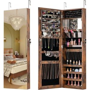 imageCHARMAID Jewelry Cabinet Wall or Door Mounted Hanging Lockable Jewelry Armoire Storage with Full Length Mirror Interior Makeup Mirror Over the Door Jewelry Organizer Box with Mirror WhiteRustic Brown