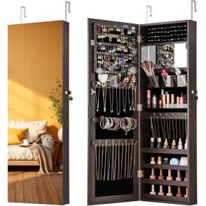 imageCHARMAID Jewelry Cabinet Wall or Door Mounted Hanging Lockable Jewelry Armoire Storage with Full Length Mirror Interior Makeup Mirror Over the Door Jewelry Organizer Box with Mirror WhiteDark Brown