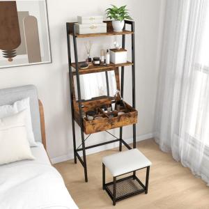 imageCHARMAID Ladder Vanity Desk Set  Makeup Vanity Table with Flip Top Mirror Cushioned Stool 4 Storage Compartments Open Shelves Girls Dressing Table for Small Space Rustic Brown ampamp BlackRustic Brown  Black