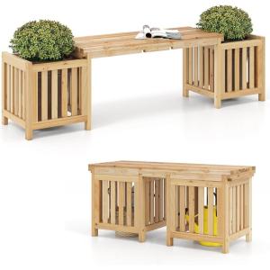 imageGiantex 2in1 Outdoor Bench with Backrest ampamp 2 Raised Garden Beds Wood with Teak Oil Finish Planter Boxes with OpenEnded Base Garden Bench Seat for Porch Balcony Lawn Yard DIY AssemblyNatural
