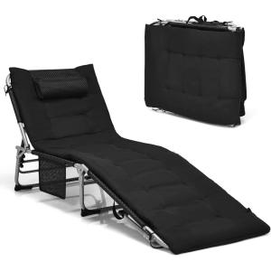 imageGiantex 2in1 Patio Chaise Lounge Chair with Detachable Mattress ampamp Pillow 4 Adjustable Position Side Pocket 330 Lbs Camping Cot Folding Tanning Chair for Outside Sunbathing Pool Lawn BeachBlack