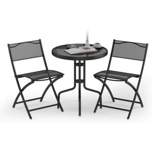 imageGiantex 3 Pcs Bistro Set Garden Backyard Round Table Folding Chairs with RustProof Steel Frames ampamp Reinforced Glass Design Outdoor Patio Furniture BlackRound Table 235Dx 28H