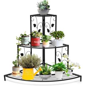imageGiantex 3 Tiers Corner Shelf Metal Plant Stand StairStep Style Flower Pot Display Ladder Plant Display Rack Quarter Round Plant Shelf for Indoor Outdoor Use