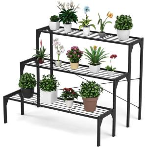 imageGiantex 3 Tiers Metal Plant Stand Ladder Flower Pots Holders 3 Tiers Step Plant Display Rack Heavy Duty Utility Storage Organizer Rack for Home Garden Patio Balcony Stair Style Plant Stand