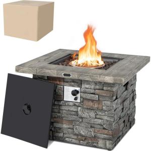 imageGiantex 345quot Propane Gas Fire Pit Table  Patio 2in1 Outdoor Square Fire Table WVolcanic Rock ampamp PVC Cover Stainless Steel Burner 50000 BTU Heat Output Faux Stone Surface Outside Fireplace
