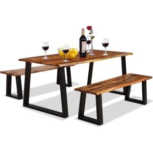 imageGiantex 3PCS Wooden Dining Set Bench Chair Rustic Indoor ampampOutdoor Furniture Rustic BrownampampBlackRustic Brownblack