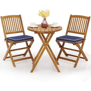 imageGiantex 3Pcs Patio Bistro Set Wood Folding Table Set 2 Cushioned Chairs for Garden Yard Outdoor Furniture Round Table Natural ampamp Navy BlueNatural  Navy Blue