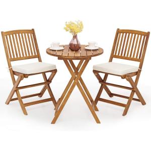 imageGiantex 3Pcs Patio Bistro Set Wood Folding Table Set 2 Cushioned Chairs for Garden Yard Outdoor Furniture Round Table Natural ampamp Navy BlueNatural  Beige