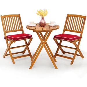 imageGiantex 3Pcs Patio Bistro Set Wood Folding Table Set 2 Cushioned Chairs for Garden Yard Outdoor Furniture Round Table Natural ampamp Navy BlueNatural  Red
