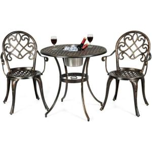 imageGiantex 3pcs Bistro Table Set Cast Aluminum Outdoor Patio Furniture Set Round Table WRemovable Ice Bucket 2 Chairs Antique Garden Furniture Weather Resistant Antique BronzeBronze