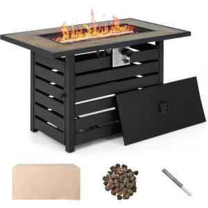imageGiantex 42quot Propane Fire Pit  50000 BTU Rectangular Outdoor Gas Firepit with Lid HighTemp Resistant Tabletop Adjustable Flame Lava Rocks and Waterproof Cover 2 in 1 Patio Fire Table for Outside