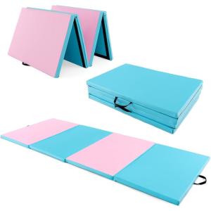 imageGiantex 4x10x 2quot Gymnastics Mat 4Panel Folding Aerobics Exercise Mat wHook ampamp Loop Fastener Carrying Handle Portable Tumbling Mat for Stretching Yoga Cheerleading Martial ArtsBluePink