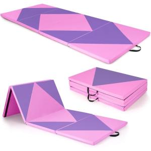 imageGiantex 4x10x 2quot Gymnastics Mat 4Panel Folding Aerobics Exercise Mat wHook ampamp Loop Fastener Carrying Handle Portable Tumbling Mat for Stretching Yoga Cheerleading Martial ArtsPinkPurple