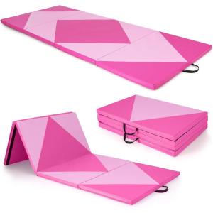 imageGiantex 4x10x 2quot Gymnastics Mat 4Panel Folding Aerobics Exercise Mat wHook ampamp Loop Fastener Carrying Handle Portable Tumbling Mat for Stretching Yoga Cheerleading Martial ArtsRosePink