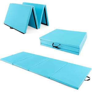 imageGiantex 4x10x 2quot Gymnastics Mat 4Panel Folding Aerobics Exercise Mat wHook ampamp Loop Fastener Carrying Handle Portable Tumbling Mat for Stretching Yoga Cheerleading Martial ArtsLight Blue