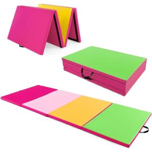 imageGiantex 4x10x 2quot Gymnastics Mat 4Panel Folding Aerobics Exercise Mat wHook ampamp Loop Fastener Carrying Handle Portable Tumbling Mat for Stretching Yoga Cheerleading Martial ArtsGreenYellowPink