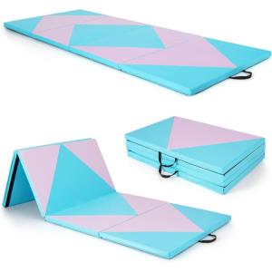 imageGiantex 4x10x 2quot Gymnastics Mat 4Panel Folding Aerobics Exercise Mat wHook ampamp Loop Fastener Carrying Handle Portable Tumbling Mat for Stretching Yoga Cheerleading Martial ArtsPinkLight Blue