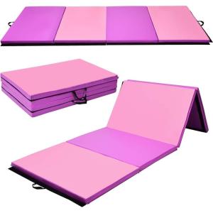 imageGiantex 4x10x 2quot Gymnastics Mat 4Panel Folding Aerobics Exercise Mat wHook ampamp Loop Fastener Carrying Handle Portable Tumbling Mat for Stretching Yoga Cheerleading Martial ArtsPurplePink