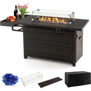 imageGiantex 52quot Outdoor Propane Fire Pit  50000 BTU Wicker Patio Gas Fire Table wLid Waterproof Cover Tempered Glass Wind Guard ampamp Blue Fire Stone PE Rattan Firepit Table wStorage Shelf BrownBrown