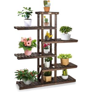 imageGiantex 6Tier Wooden Plant Stand for Indoor Outdoor 12 Potted Plant Display Holder Carbonized Fir Wood Reinforced Slat Ornament Display Shelf for Garden Balcony Home Office Plant Shelf
