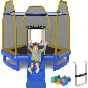 imageGiantex 7 FT Kids Trampoline with Ladder Slide Ocean Balls ASTM Approved Recreational Trampoline with Net Spring CoverBlue