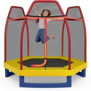 imageGiantex 7 Ft Trampoline for Kids Heavy Duty Steel Frame Small Mini Toddler Trampoline Great Gifts for Boys Girls Outdoor Indoor Kids Trampoline with Net for Age 38RedYellowBlue