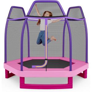 imageGiantex 7 Ft Trampoline for Kids Heavy Duty Steel Frame Small Mini Toddler Trampoline Great Gifts for Boys Girls Outdoor Indoor Kids Trampoline with Net for Age 38PurplePink