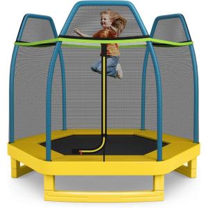 imageGiantex 7 Ft Trampoline for Kids Heavy Duty Steel Frame Small Mini Toddler Trampoline Great Gifts for Boys Girls Outdoor Indoor Kids Trampoline with Net for Age 38Blue Yellow