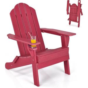 imageGiantex Adirondack Chair Outdoor Folding Chairs HDPE Weather Resistant Patio Chair with Builtin Cup Holder Lawn Chair for Patio Backyard Balcony Deck Outside Plastic Fire Pit Chair 4 GreyRed