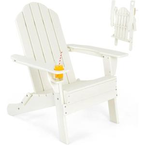 imageGiantex Adirondack Chair Outdoor Folding Chairs HDPE Weather Resistant Patio Chair with Builtin Cup Holder Lawn Chair for Patio Backyard Balcony Deck Outside Plastic Fire Pit Chair 4 GreyWhite