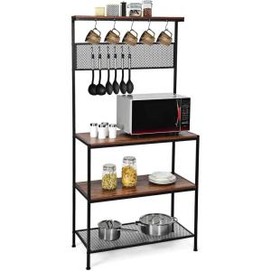 imageGiantex Bakers Rack Coffee Bar 4Tier Kitchen Microwave Stand with Storage 11 Hooks Adjustable Feet Industrial Utility Shelves for Utensils Metal Standing Bakers Workstation Rustic BrownRustic Brown