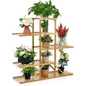 imageGiantex Bamboo 5 Tier 10 Potted Plant Stand Indoor Outdoor Multiple Flower Pot Holder Display Rack 39 High Wood Plant Shelf for Living Room Corner Balcony Garden Office Natural