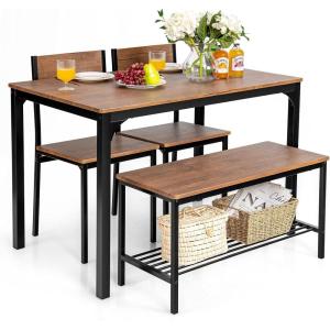 imageGiantex Dining Table Set for 4 43quot Kitchen Table and Chairs Dining Bench with Metal Frame ampamp Storage Rack 4Piece Modern Functional Desk Set for Dinette Small Space Apartment Restaurant BrownBrown