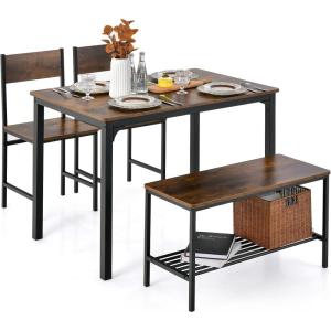imageGiantex Dining Table Set for 4 43quot Kitchen Table and Chairs Dining Bench with Metal Frame ampamp Storage Rack 4Piece Modern Functional Desk Set for Dinette Small Space Apartment Restaurant BrownCoffee