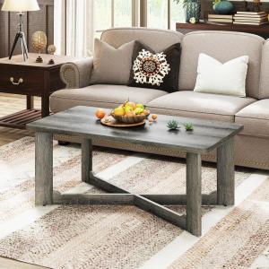 imageGiantex Farmhouse Wood Coffee Table Rectangle Center Table with XShaped Base ampamp Rubber Wood Frame Rustic Living Room Table for Reception Office Gray Oak