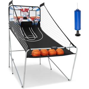 imageGiantex Foldable Basketball Arcade Game 8 Game Options Electronic Double Shot 2 Player w 4 Balls and LED Scoring System Indoor Basketball Game for Kids Adults Black ampamp SilverWhite
