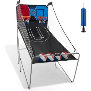 imageGiantex Foldable Basketball Arcade Game 8 Game Options Electronic Double Shot 2 Player w 4 Balls and LED Scoring System Indoor Basketball Game for Kids Adults Black ampamp SilverRedBlue
