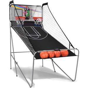 imageGiantex Foldable Basketball Arcade Game 8 Game Options Electronic Double Shot 2 Player w 4 Balls and LED Scoring System Indoor Basketball Game for Kids Adults Black ampamp SilverBlack  Silver