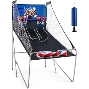 imageGiantex Foldable Basketball Arcade Game 8 Game Options Electronic Double Shot 2 Player w 4 Balls and LED Scoring System Indoor Basketball Game for Kids Adults Black ampamp SilverDark Blue
