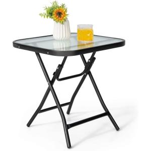 imageGiantex Folding Side Table Square Small Patio Table Tempered Glass Tabletop Steel Frame WeatherResistant Outdoor Indoor Use for Bistro Porch Garden Balcony 18quotx18quotx185quotFarmhouse Square