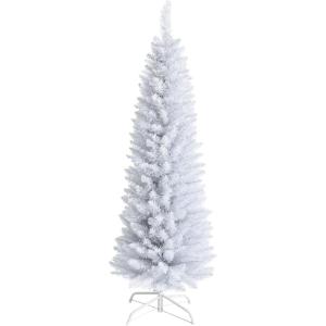 imageGiantex Green Artificial Pencil Christmas Premium Hinged Pine Tree with Solid Metal Legs Perfect for Home Shops and Holiday Decoration 5FT Artificial Pencil Christmas TreeWhite