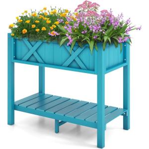 imageGiantex HIPS Raised Garden Bed Elevated Planter Box wLegs Storage Shelf Drainage Holes WeatherProof Standing Raised Beds for Backyard Porch Balcony Flower Herb Blue 44quot x 18quot x 29quotBlue