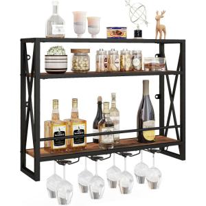 imageGiantex Industrial Wall Mounted Wine Rack 3Tier Metal Hanging Wine Bottle Glass Rack w 16Bottle Holders Heavy Duty Wall Wine Floating Shelves for Home Bar Kitchen Dining Room Rustic Brown315 x 8 x 25