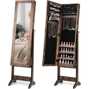 imageGiantex Jewelry Cabinet with FullLength Mirror Standing Jewelry Armoire Organizer with 64 Earring Slots 72 Ring Slots 20 Necklace Hooks 4 Storage Shelves 3 Angle Adjustable WhiteRustic Brown