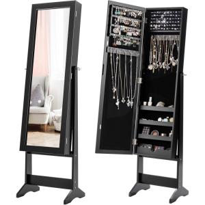 imageGiantex Jewelry Cabinet with FullLength Mirror Standing Jewelry Armoire Organizer with 64 Earring Slots 72 Ring Slots 20 Necklace Hooks 4 Storage Shelves 3 Angle Adjustable WhiteBlack